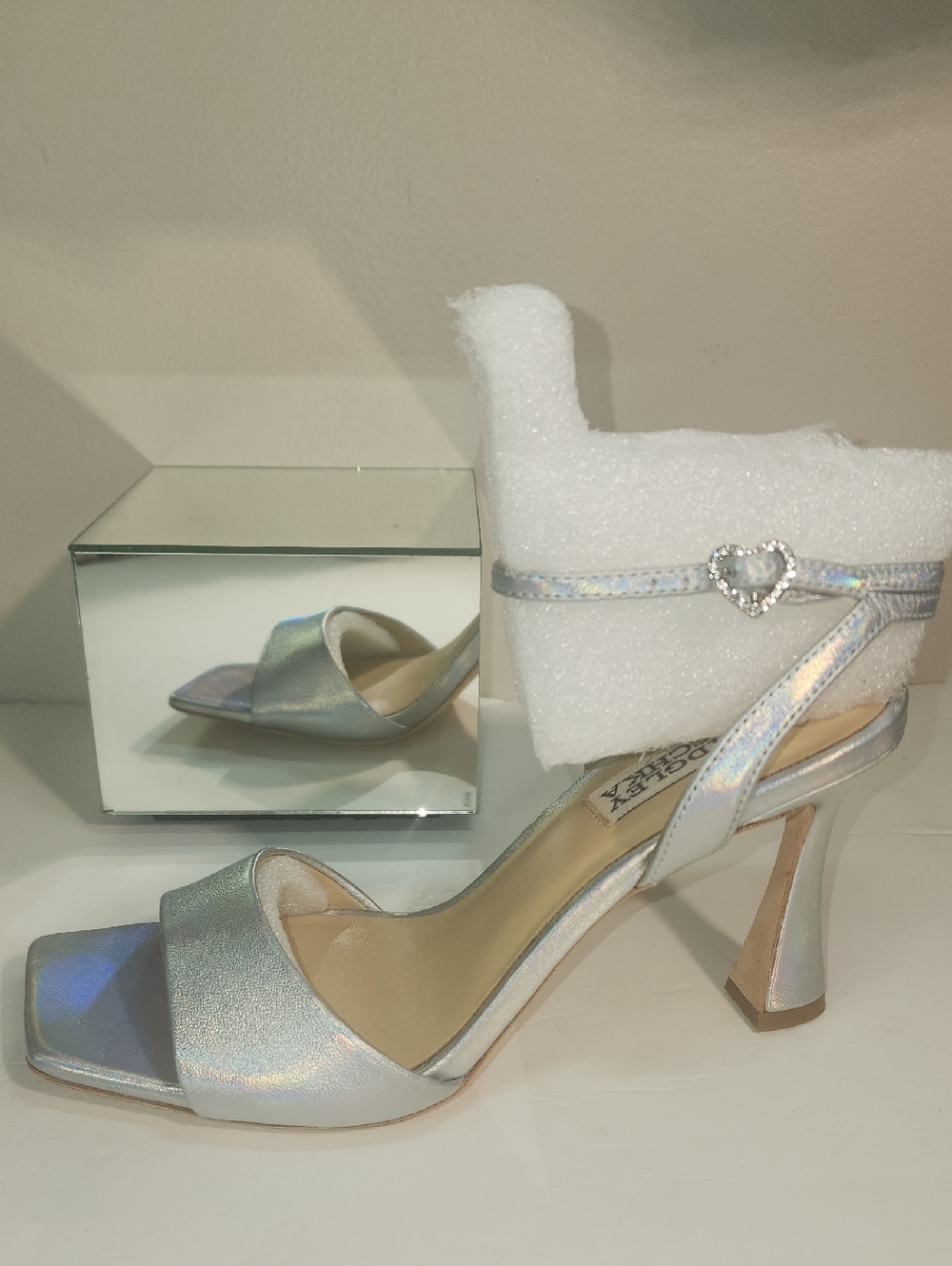 Badgley Mischka Iridescent Silver Open-Toe Ankle-Strap Heels with Heart Accent